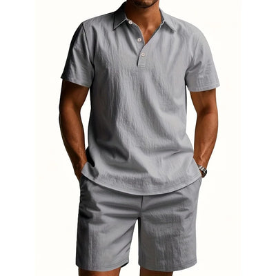 Summer Men Suit Fashion Linen Lapel Button 2 Piece Set Short-sleeved Polo Shirts+Shorts Sportswear Beach Man Suit