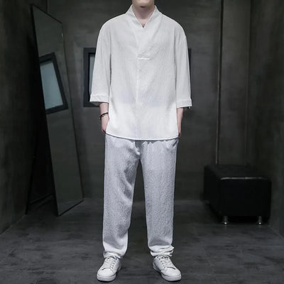 Spring Summer Thin Men Set Two Pieces Ice Silk V Neck Button Half Sleeve Tops Breathble Solid Color Pants Fashion Set