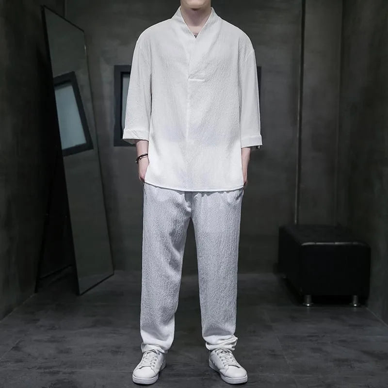 Spring Summer Thin Men Set Two Pieces Ice Silk V Neck Button Half Sleeve Tops Breathble Solid Color Pants Fashion Set