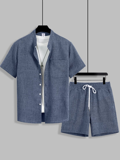 Summer Men's Cotton Linen Texture Stand Collar Short Sleeve Shirt & Shorts Casual Set, Loose Breathable Two-Piece Outfit