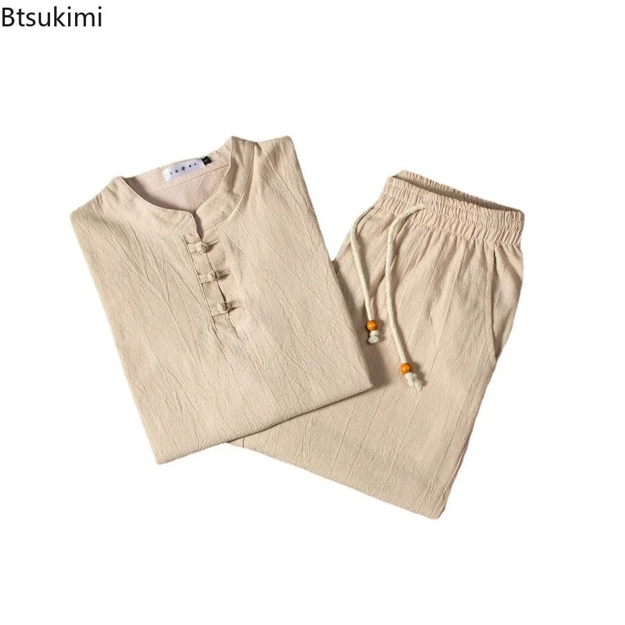 New Men's Chinese Traditional Clothing Breathable Cotton Linen 2PCS Sets Loose Casual Suit Men Tai Chi Kung Fu Costume Tang Suit