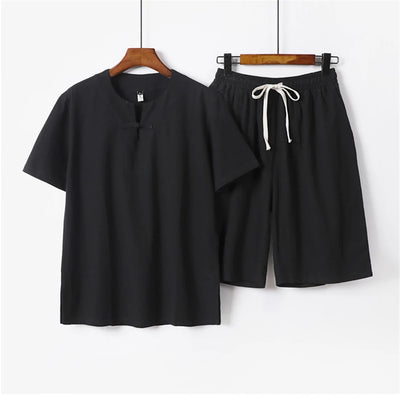 Summer Sets Men Linen T-shirt Shorts Suits Fashion Casual Solid Color Suits Male Plus Size 9XL Chinese Traditional Style Sets