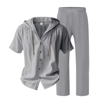 American Summer Men's Linen Casual Set Short-Sleeved Shirt And Long Pants 2-Piece Comfortable Loose Fit for Men