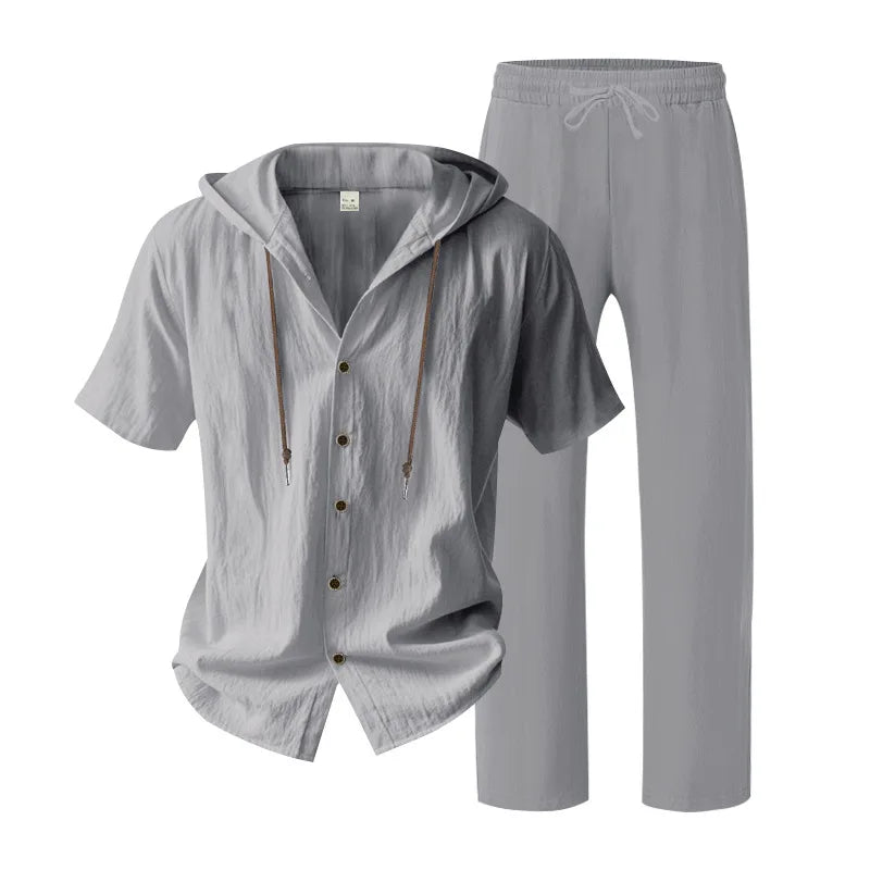 American Summer Men's Linen Casual Set Short-Sleeved Shirt And Long Pants 2-Piece Comfortable Loose Fit for Men