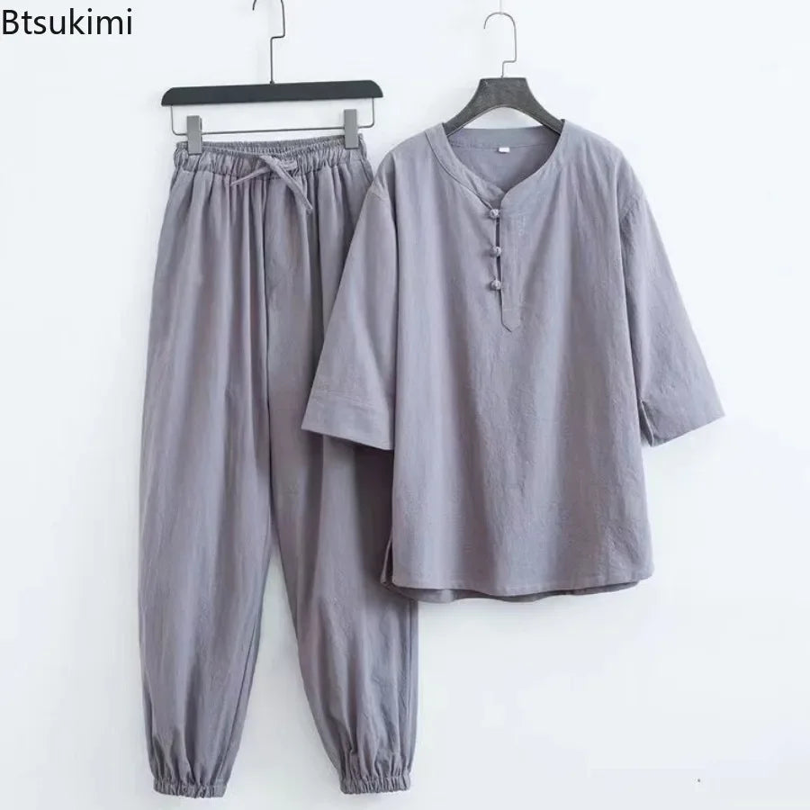 New Men's Cotton Linen Sets Chinese Style Solid Short Sleeve Pants Two Pieces Traditional Clothes Kung Fu Uniform Tang Suit Male
