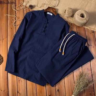 New Men's Chinese Traditional Clothing Breathable Cotton Linen 2PCS Sets Loose Casual Suit Men Tai Chi Kung Fu Costume Tang Suit