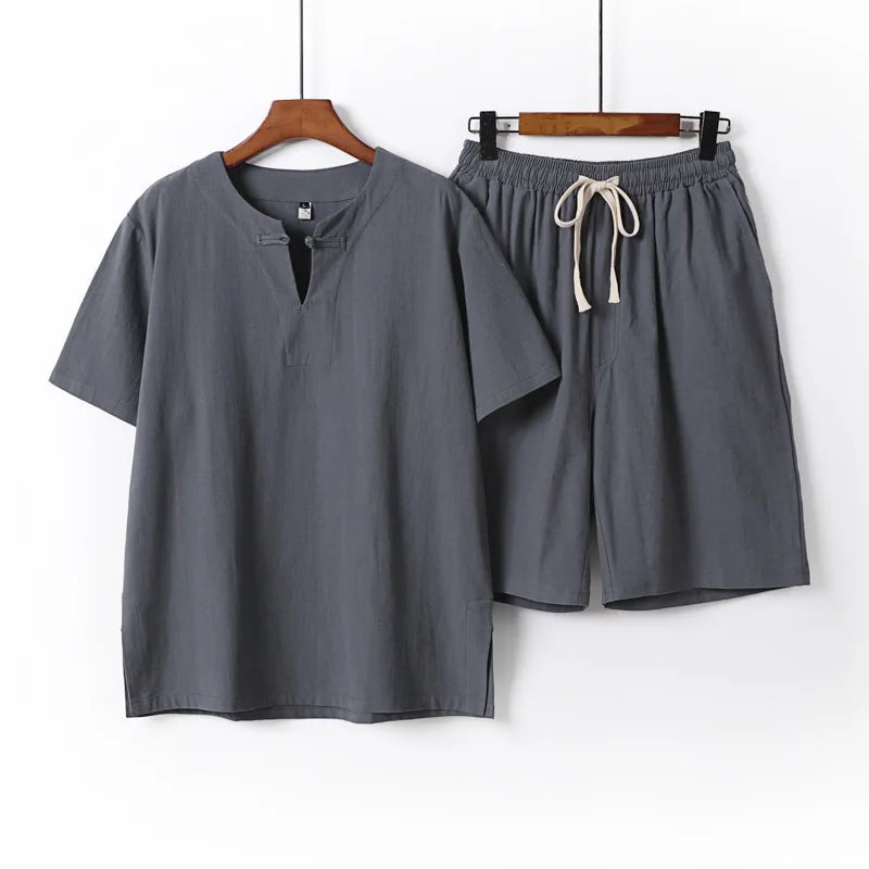 Summer Sets Men Linen T-shirt Shorts Suits Fashion Casual Solid Color Suits Male Plus Size 9XL Chinese Traditional Style Sets