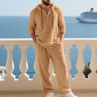 Spring Summer Linen Men's Casual Suit Loose Hooded Henley Long Sleeve Long Pants Set Solid Color Fashion Casual
