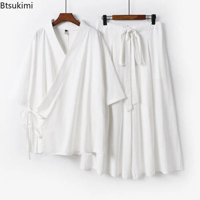 2026 Chinese Style Men's Linen Suit Tang Style Zen Style Hanfu Taoist Long Robe Top Pants Cotton and Linen Loose Two-piece Set