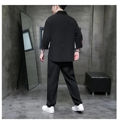 Spring Summer Thin Men Set Two Pieces Ice Silk V Neck Button Half Sleeve Tops Breathble Solid Color Pants Fashion Set