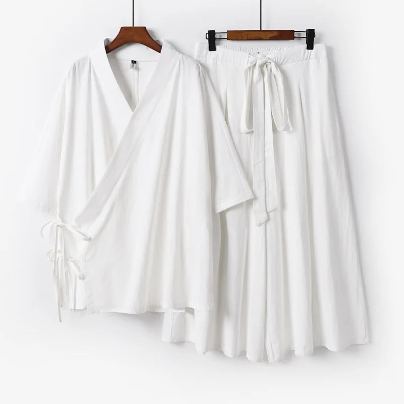 2026 Chinese Style Men's Linen Suit Tang Style Zen Style Hanfu Taoist Long Robe Top Pants Cotton and Linen Loose Two-piece Set