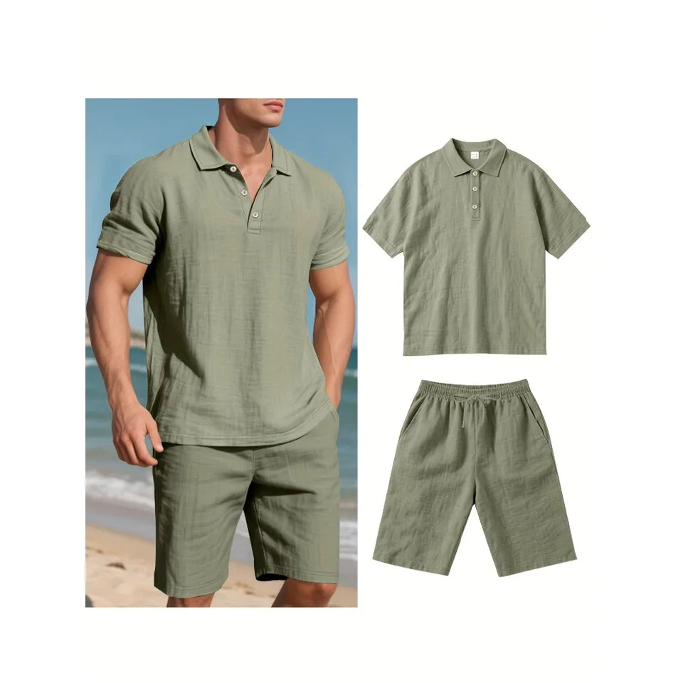 Summer Men Suit Fashion Linen Lapel Button 2 Piece Set Short-sleeved Polo Shirts+Shorts Sportswear Beach Man Suit