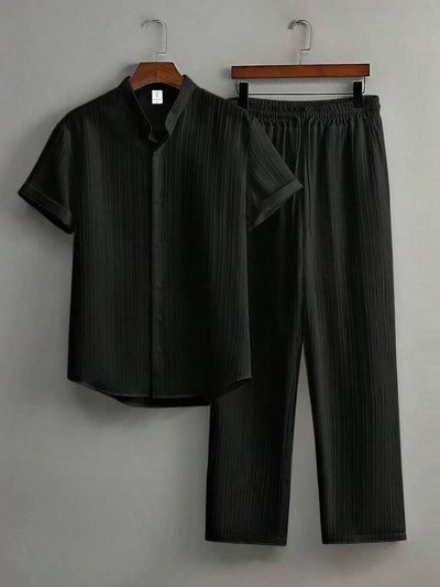 Men's White Vertical Striped Textured Henley Shirt Casual Set 2 Piece Summer Short Sleeve Drawstring Pants Outfit