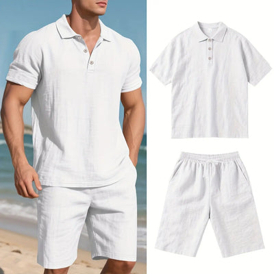 Summer Men Suit Fashion Linen Lapel Button 2 Piece Set Short-sleeved Polo Shirts+Shorts Sportswear Beach Man Suit