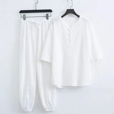 New Men's Cotton Linen Sets Chinese Style Solid Short Sleeve Pants Two Pieces Traditional Clothes Kung Fu Uniform Tang Suit Male
