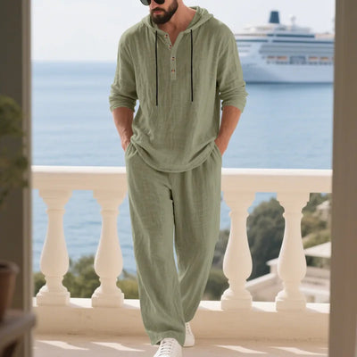 Spring Summer Linen Men's Casual Suit Loose Hooded Henley Long Sleeve Long Pants Set Solid Color Fashion Casual