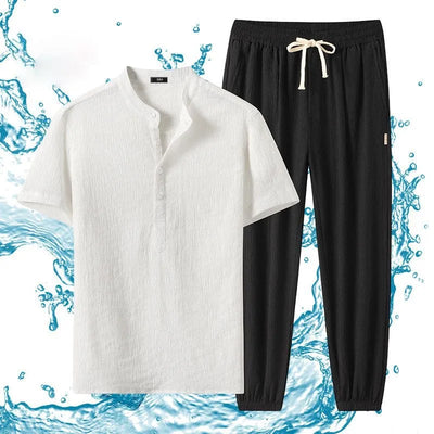 Summer Solid Color Ice Silk Sports Breathable Short Sleeve T-shirt Set Men's Casual Loose Large Size High-Grade Two-Piece Set