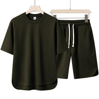 2026 Summer New Men Suit Round Neck Short Sleeve T-shirt+shorts Two Piece Set Loose Outdoor Sports Casual Solid Color Tracksuit