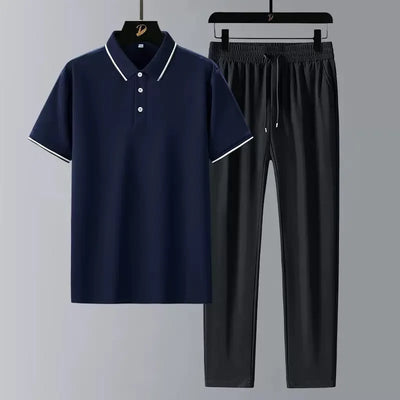New Summer Fashion Trendy Comfortable Breathable Short Sleeve Polo Shirt Set Men's Casual Loose Sports Plus Size Two-Piece Set