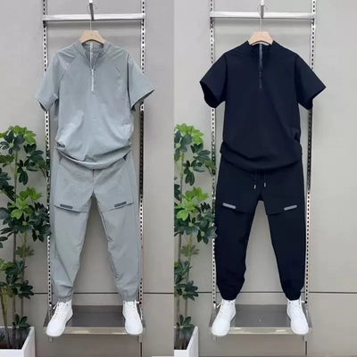 2025 Summer Breathable ice Silk Casual Sportswear Set, fashionable zipper quick-drying casual long pants and short-sleeved 2pcs