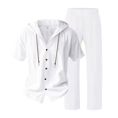 American Summer Men's Linen Casual Set Short-Sleeved Shirt And Long Pants 2-Piece Comfortable Loose Fit for Men