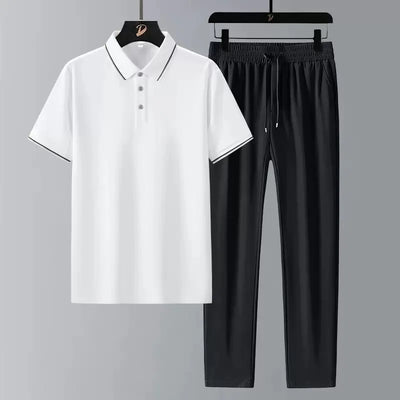 New Summer Fashion Trendy Comfortable Breathable Short Sleeve Polo Shirt Set Men's Casual Loose Sports Plus Size Two-Piece Set
