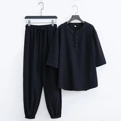 New Men's Cotton Linen Sets Chinese Style Solid Short Sleeve Pants Two Pieces Traditional Clothes Kung Fu Uniform Tang Suit Male