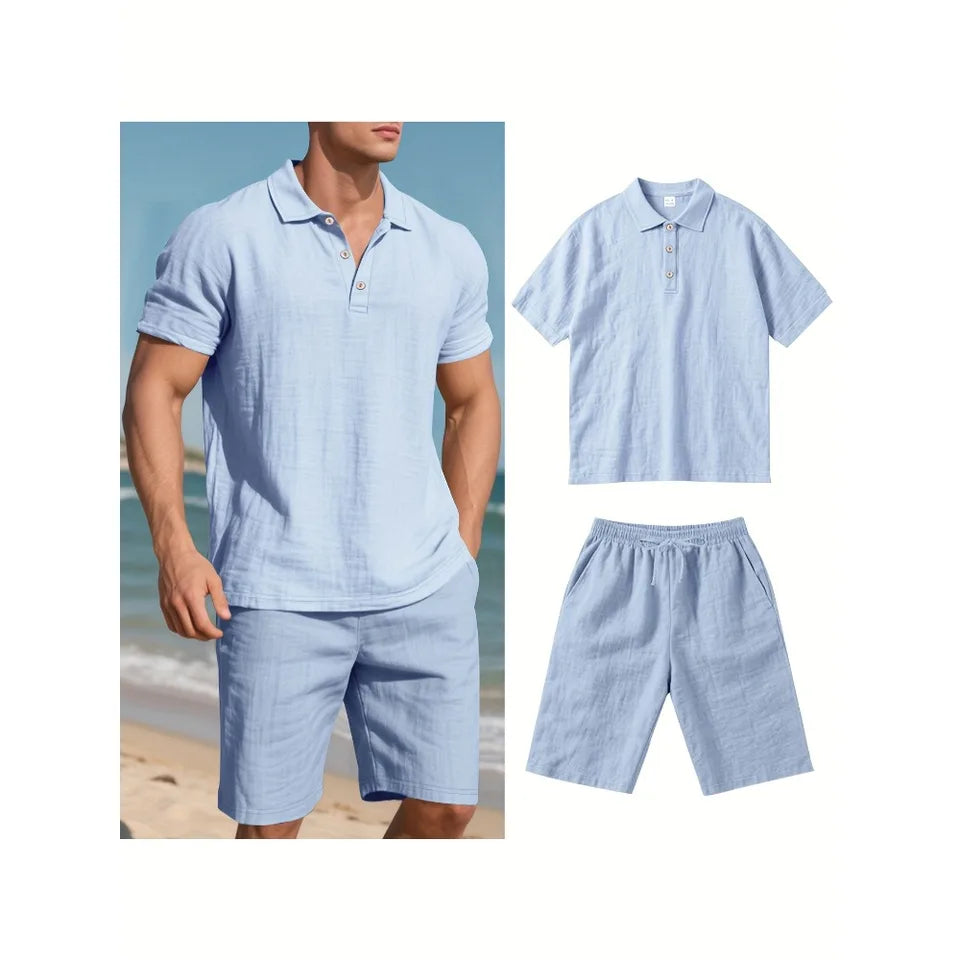 Summer Men Suit Fashion Linen Lapel Button 2 Piece Set Short-sleeved Polo Shirts+Shorts Sportswear Beach Man Suit
