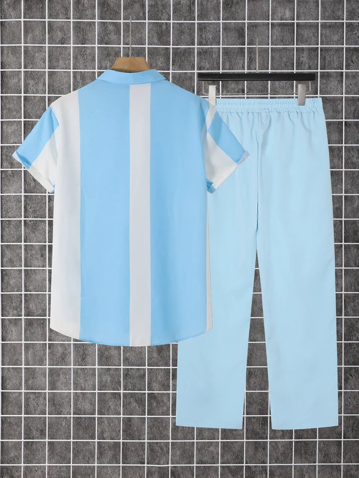 2-Piece Printed Men's Summer Short-Sleeved Button-Down Shirt and Pants Set