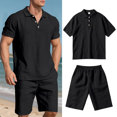Summer Men Suit Fashion Linen Lapel Button 2 Piece Set Short-sleeved Polo Shirts+Shorts Sportswear Beach Man Suit