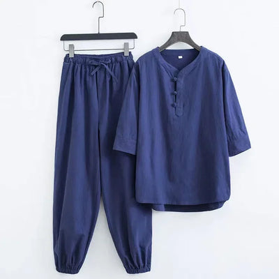 New Men's Cotton Linen Sets Chinese Style Solid Short Sleeve Pants Two Pieces Traditional Clothes Kung Fu Uniform Tang Suit Male