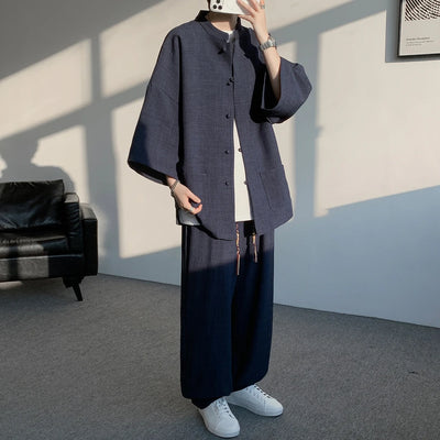 Shirt pnats set Summer Men's Short Sleeve Lin Tang Suit Elderly Chinese Style Hanfu Cotton Lin Buddhist Clothes Casual Business