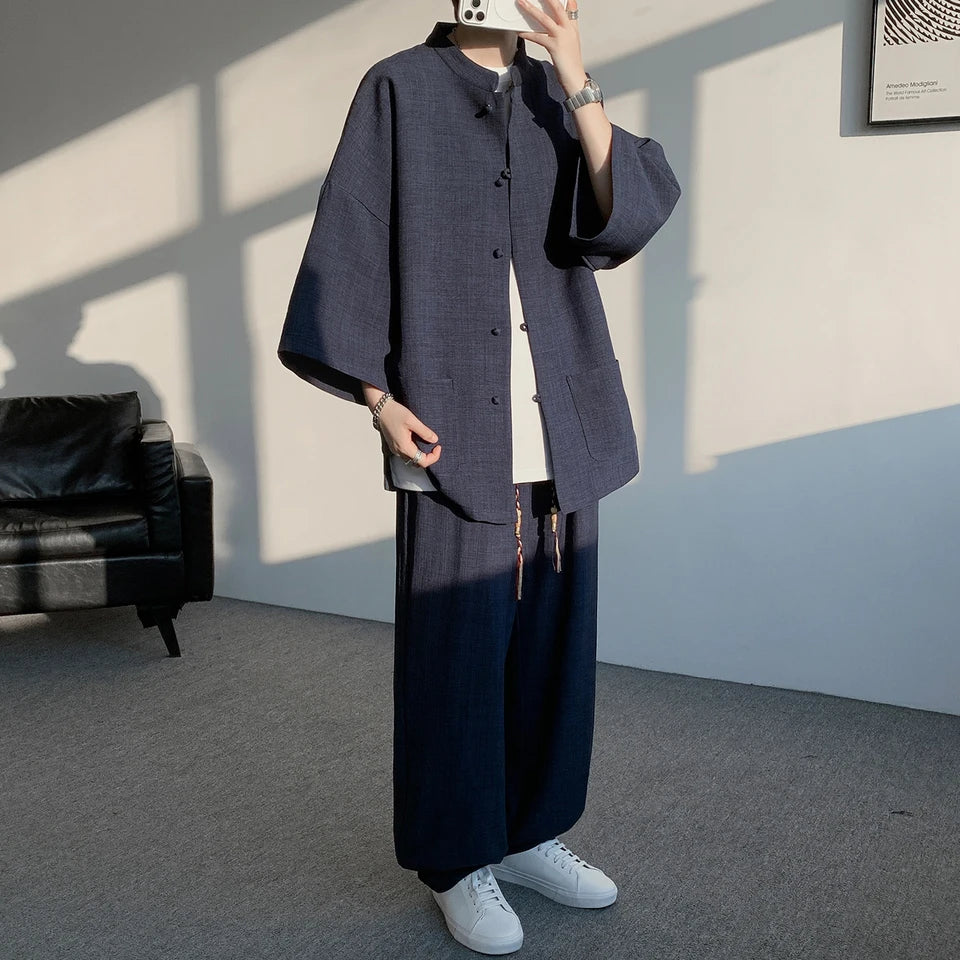 Shirt pnats set Summer Men's Short Sleeve Lin Tang Suit Elderly Chinese Style Hanfu Cotton Lin Buddhist Clothes Casual Business