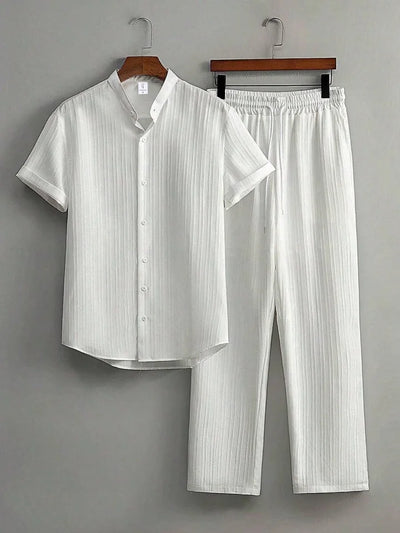 Men's White Vertical Striped Textured Henley Shirt Casual Set 2 Piece Summer Short Sleeve Drawstring Pants Outfit