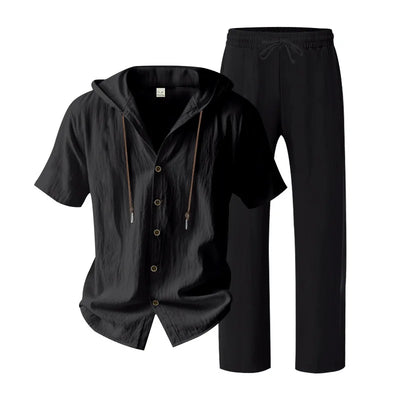 American Summer Men's Linen Casual Set Short-Sleeved Shirt And Long Pants 2-Piece Comfortable Loose Fit for Men
