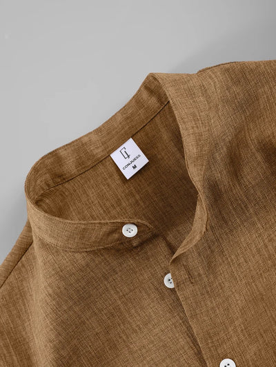 Summer Men's Cotton Linen Texture Stand Collar Short Sleeve Shirt & Shorts Casual Set, Loose Breathable Two-Piece Outfit