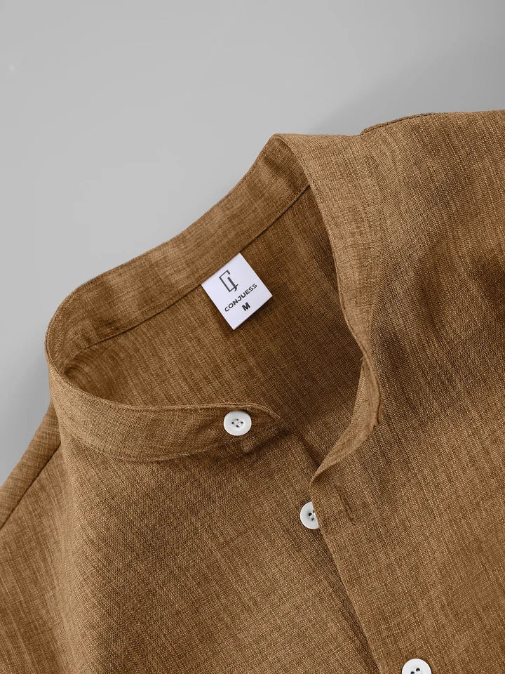 Summer Men's Cotton Linen Texture Stand Collar Short Sleeve Shirt & Shorts Casual Set, Loose Breathable Two-Piece Outfit
