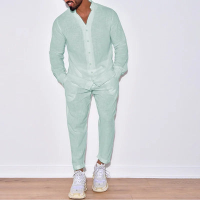 New Men's Breathable Long-Sleeve Shirt Set & Men's 100% Cotton Solid Color Casual Trousers Two-Piece Set for a Resort Style