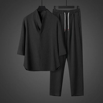Spring Summer Thin Men Set Two Pieces Ice Silk V Neck Button Half Sleeve Tops Breathble Solid Color Pants Fashion Set