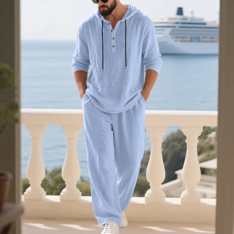 Man's 2pcs Set, 8 colors Linen European and American new summer men's fashion pure color casual Long-sleeved Shirt & Pants suit
