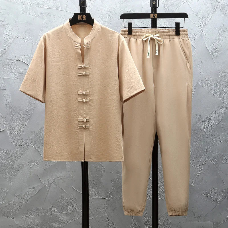 Shirts + Pants 2026 summer 100% Cotton linen Sportswear Men's Casual Sets spring Male Fashion trousers and shirts men size M-5XL