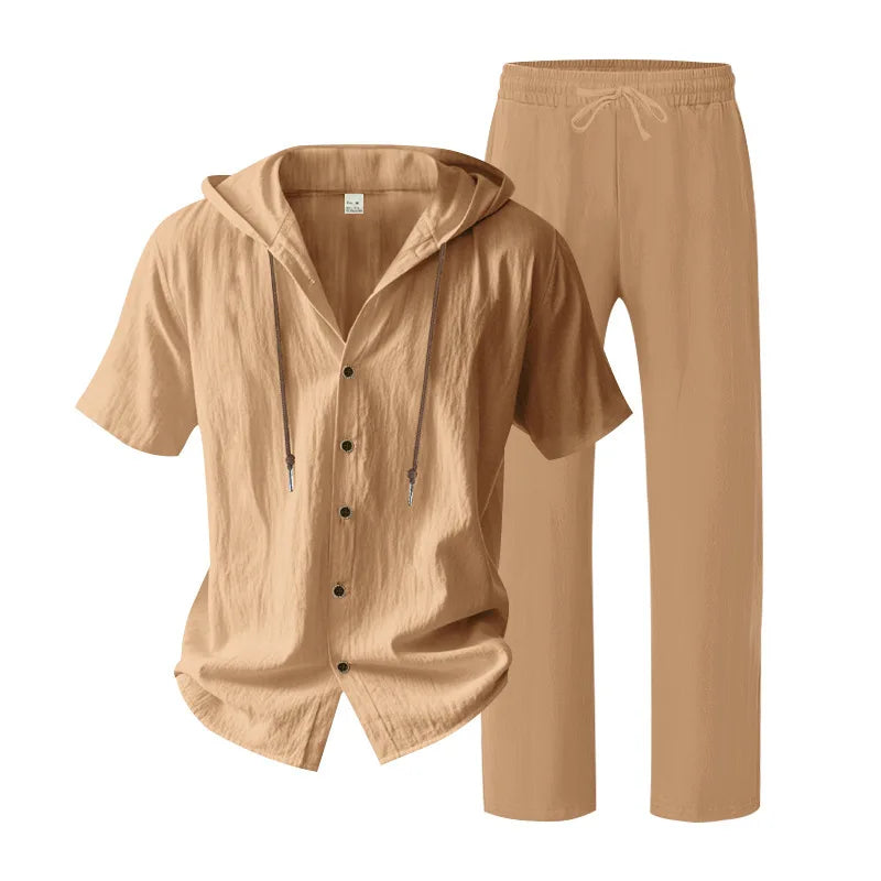 American Summer Men's Linen Casual Set Short-Sleeved Shirt And Long Pants 2-Piece Comfortable Loose Fit for Men