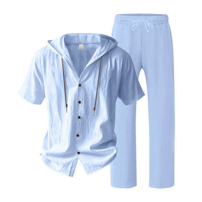 American Summer Men's Linen Casual Set Short-Sleeved Shirt And Long Pants 2-Piece Comfortable Loose Fit for Men