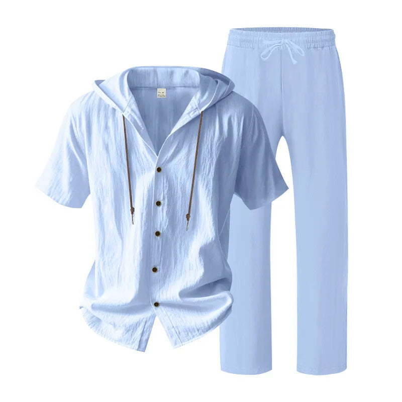 American Summer Men's Linen Casual Set Short-Sleeved Shirt And Long Pants 2-Piece Comfortable Loose Fit for Men
