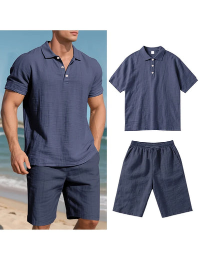 Summer Men Suit Fashion Linen Lapel Button 2 Piece Set Short-sleeved Polo Shirts+Shorts Sportswear Beach Man Suit