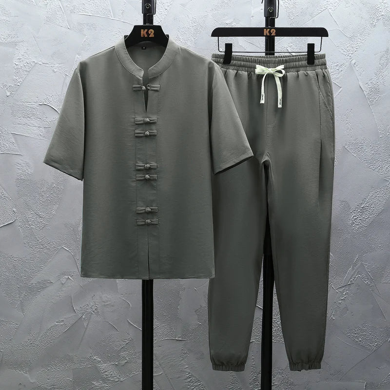 Shirts + Pants 2026 summer 100% Cotton linen Sportswear Men's Casual Sets spring Male Fashion trousers and shirts men size M-5XL