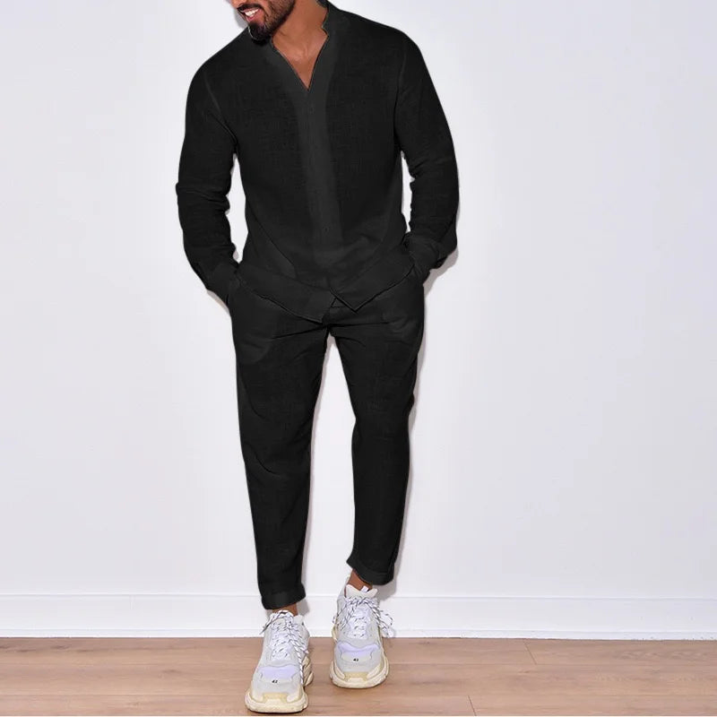 New Men's Breathable Long-Sleeve Shirt Set & Men's 100% Cotton Solid Color Casual Trousers Two-Piece Set for a Resort Style