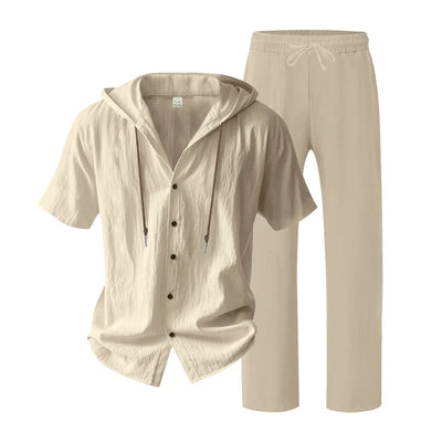 American Summer Men's Linen Casual Set Short-Sleeved Shirt And Long Pants 2-Piece Comfortable Loose Fit for Men