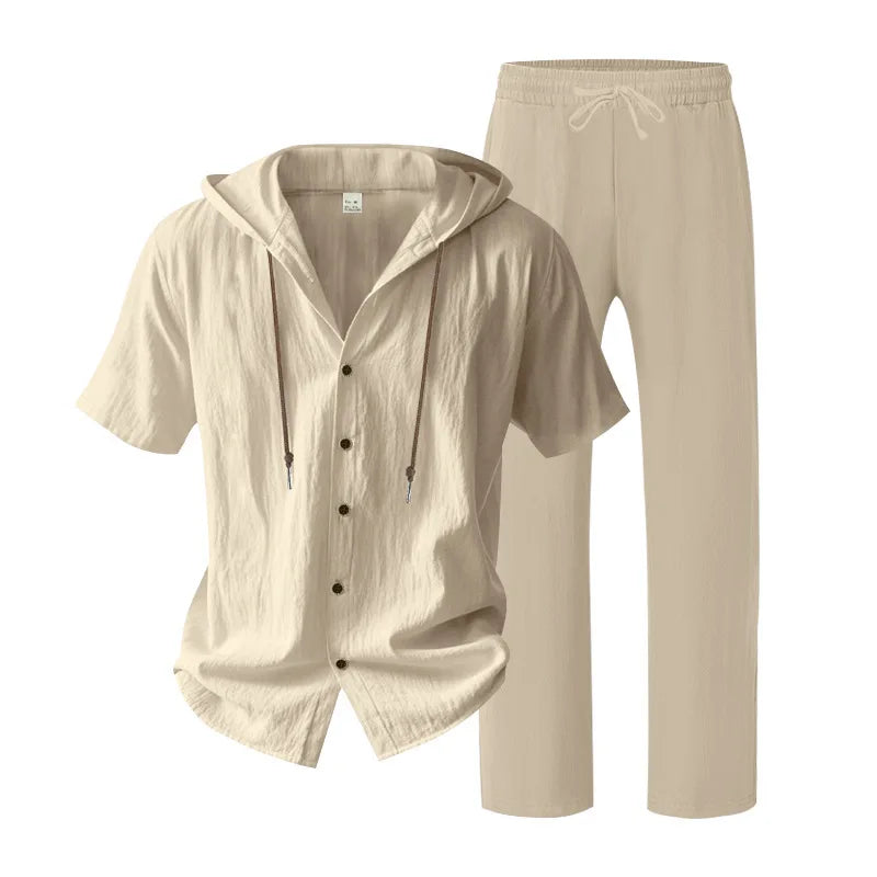 American Summer Men's Linen Casual Set Short-Sleeved Shirt And Long Pants 2-Piece Comfortable Loose Fit for Men