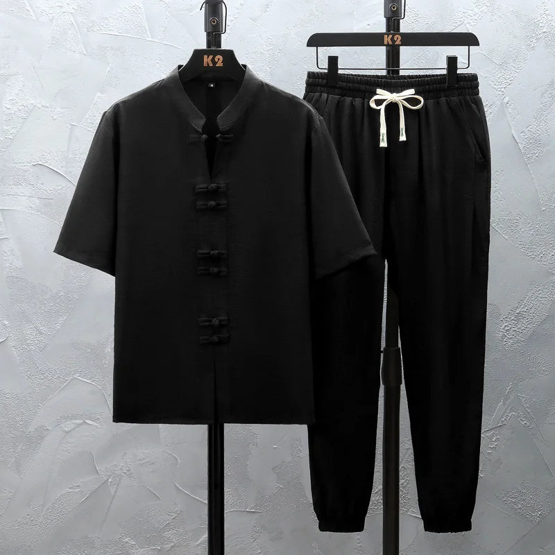 Shirts + Pants 2026 summer 100% Cotton linen Sportswear Men's Casual Sets spring Male Fashion trousers and shirts men size M-5XL